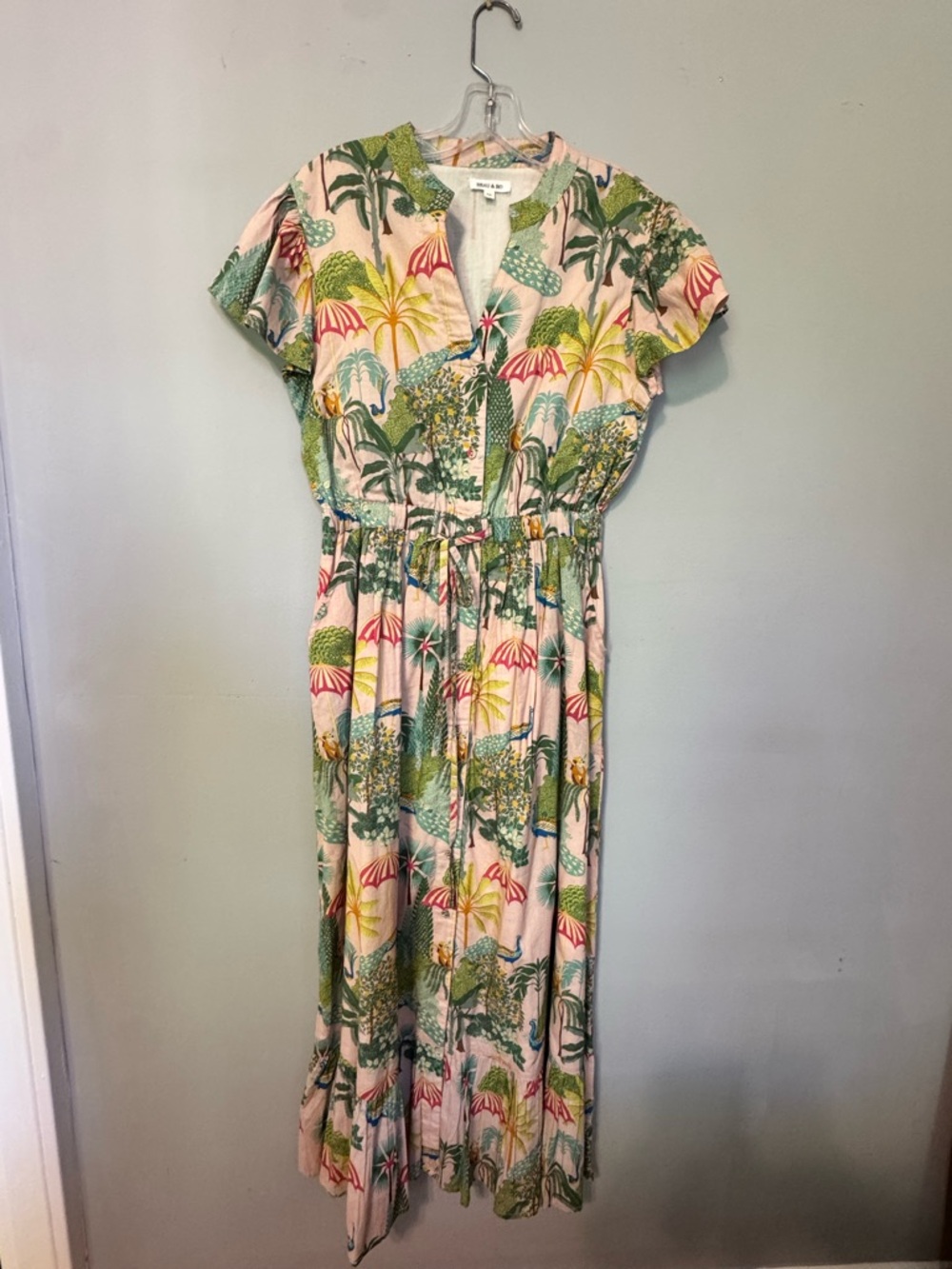 Floral Tropical Print Midi Dress in Pink and Green
